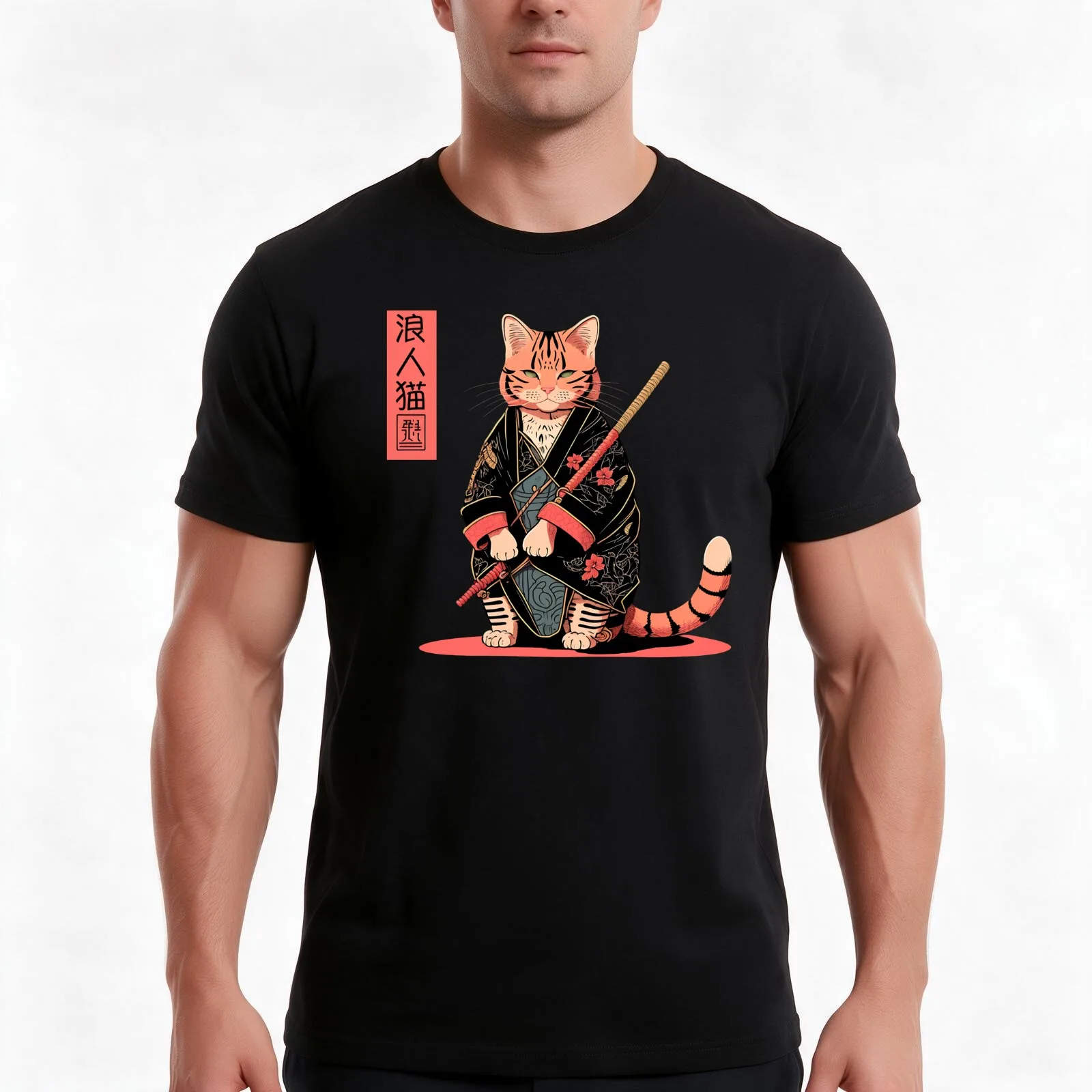 Ronin Cat 3 T-Shirt, Summer Casual Cotton Tee, Oversized Streetwear Tops, Vintage Graphic Print, Loose Fit Short Sleeve