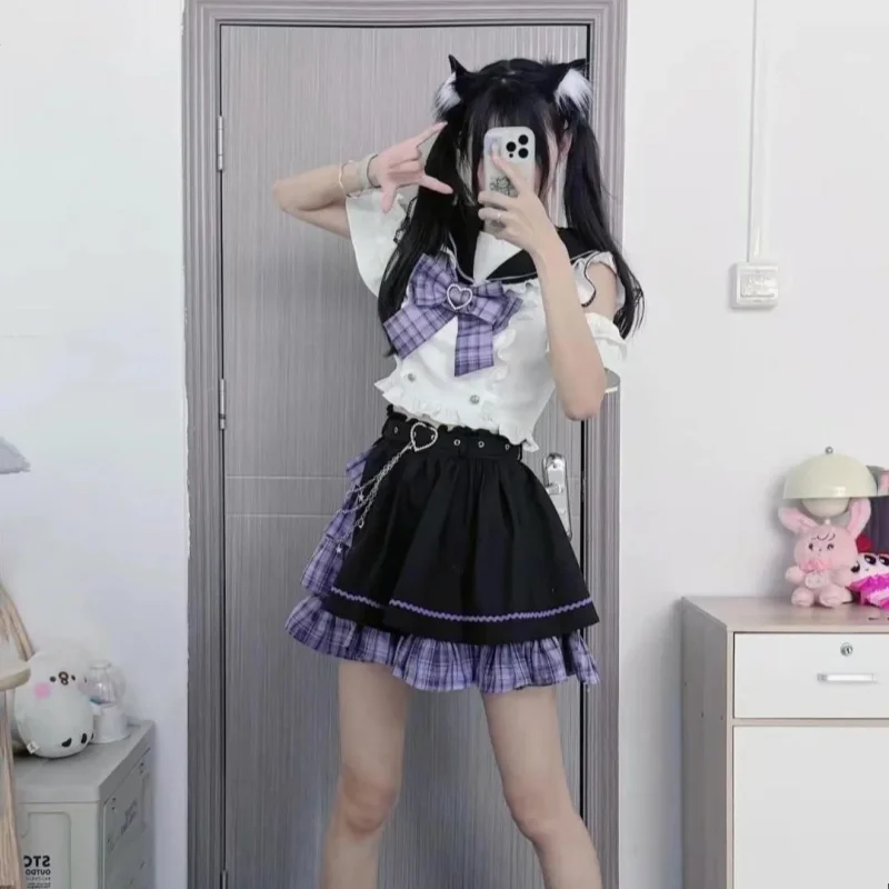 Japanese Sweet Lolita Cosplay Gothic College Style Jk Uniform Y2k Dress Black Purple Patchwork  Kawaii Top Skirt 2 Piece Set Set