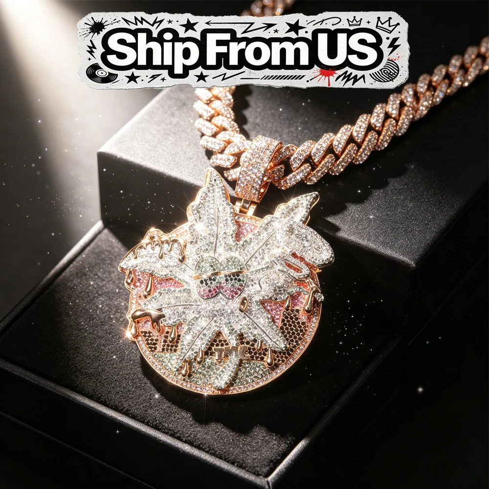 Iced Out Rose Pink Drip Pendant 18K Gold Electroplated Cubic Zirconia Hip Hop Round Medallion Necklace Cuban Chain Charm Colorful Stone Inlay Dripping Gold Street Rapper Fine Jewelry Accessory For Men Party Club Daily Sparkling Crystal Hip Hop Pendants