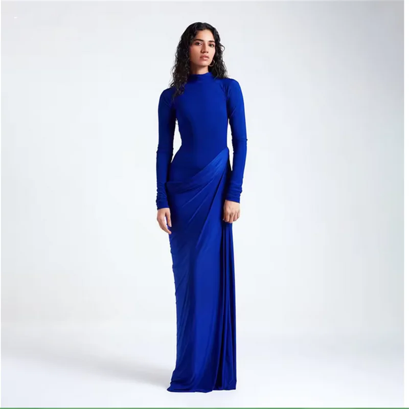 

Modest Crepe Saudi Long Evening Dresses Elegant Flared Long Sleeves Mermaid Pleats Arabia Prom Gown Party Dresses Customized
