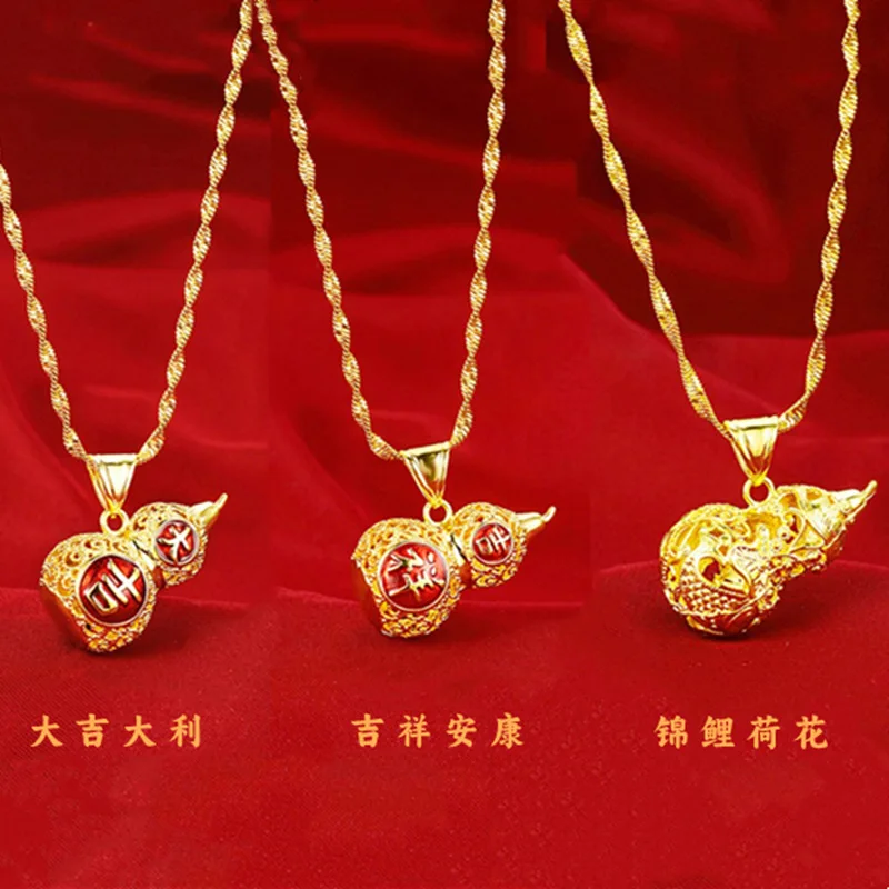 

AU999 Gold Clavicle Chain Womens Filigree Gourd Koi Pendant Fortune and Luck Real Gold 24K Pure Gold Ruyi Necklace