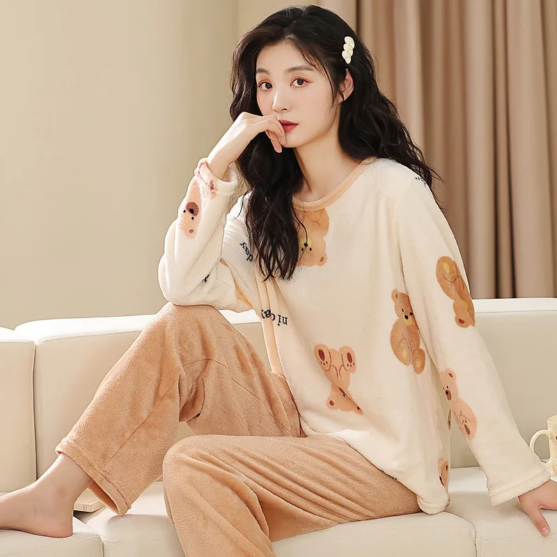 Women's Light Apricot Flannel Pajama Set Warm Fleece Long Sleeve Cozy Sleepwear Loungewear