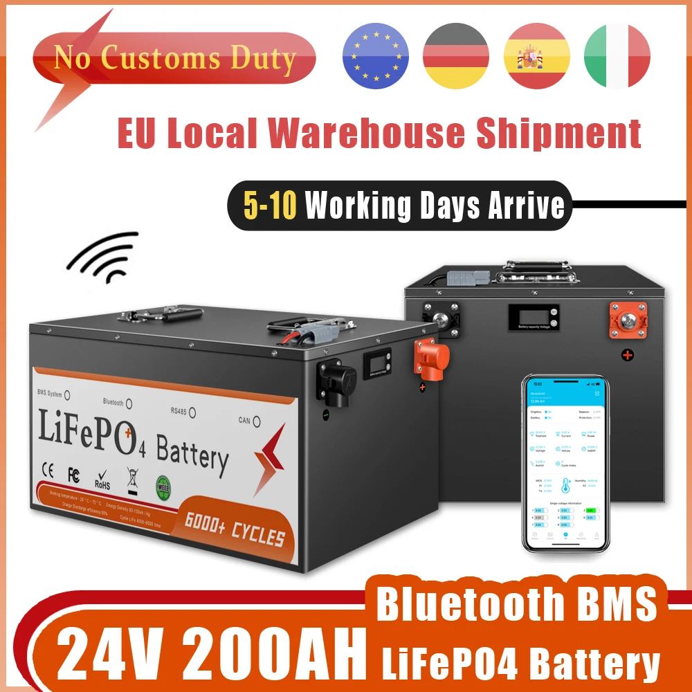 

24V 100Ah 200Ah 300Ah LiFePO4 Battery Pack Built-in Bluetooth BMS 6000 Cycle For Solar Household Storage inverter RV Boat No Tax