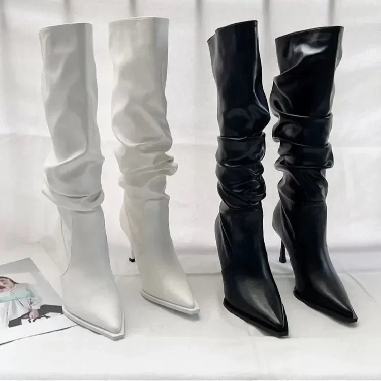 

Long Boots, Autumn and Winter Women's Sexy High Heels, Fashionable Pointed Thin Heel Wide Boots, Knee High Pleated Pile Boots