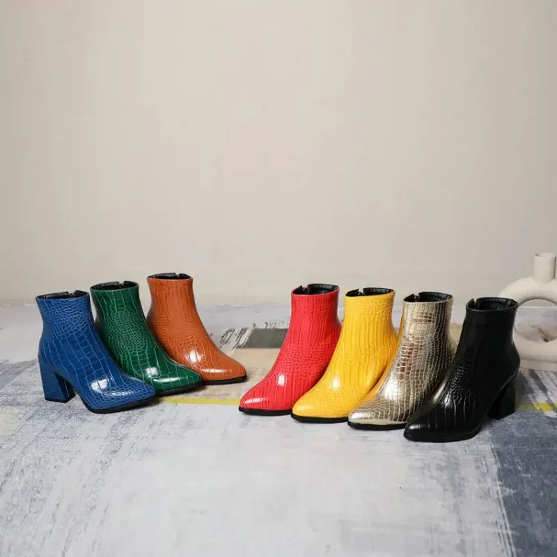 ZawsThia sexy ladies pumps winter shoes red green blue classic womens ankle boots block high heels pointed toe riding boots