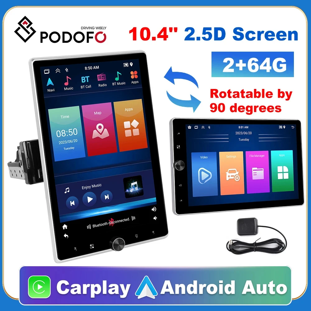 

Podofo 1 Din Car Stereo Radio Carplay 10.4'' HD Touch Screen Car Multimedia Player Bluetooth FM Andriod Radio auto