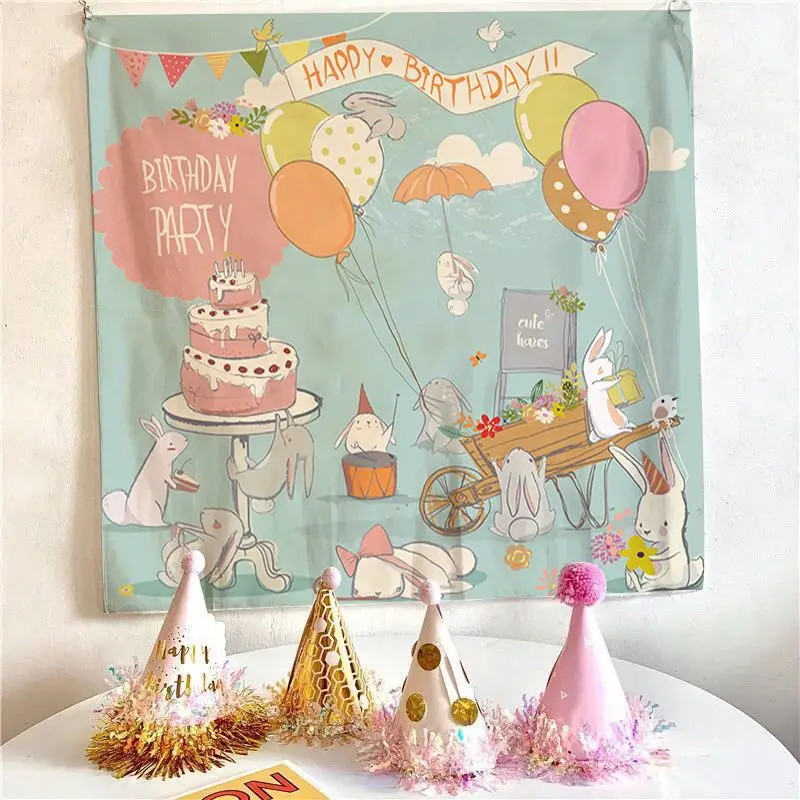 VIKAMA Simple Cake Balloon Birthday Tapestry Wall Hanging Home Decor for Bedroom Living Room Dorm Happy Birthday Aesthetic