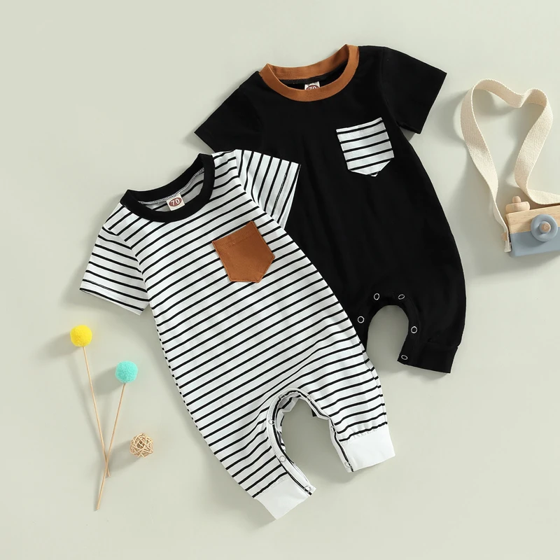 2023-02-22 Lioraitiin 0-18M Newborn Baby Boys Summer Jumpsuit Round Neck Contrast Color Short Sleeve Striped Romper