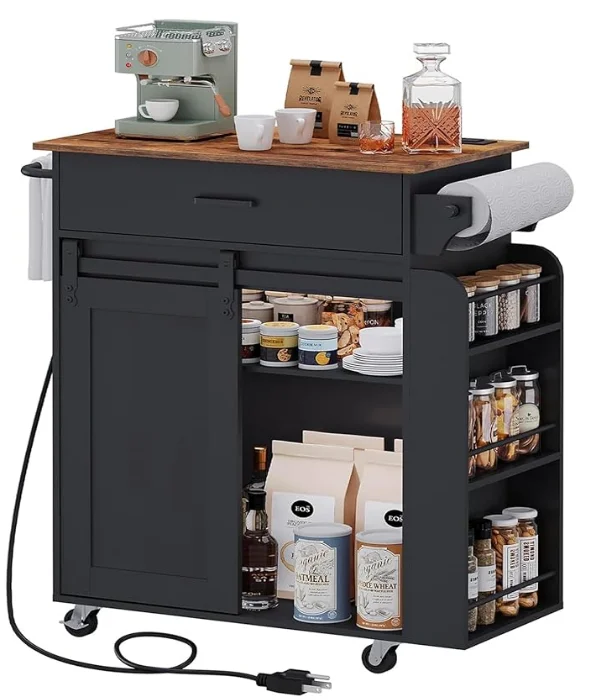 rustic brown kitchen island locker sliding door charging station rolling island table black kitchen island cart
