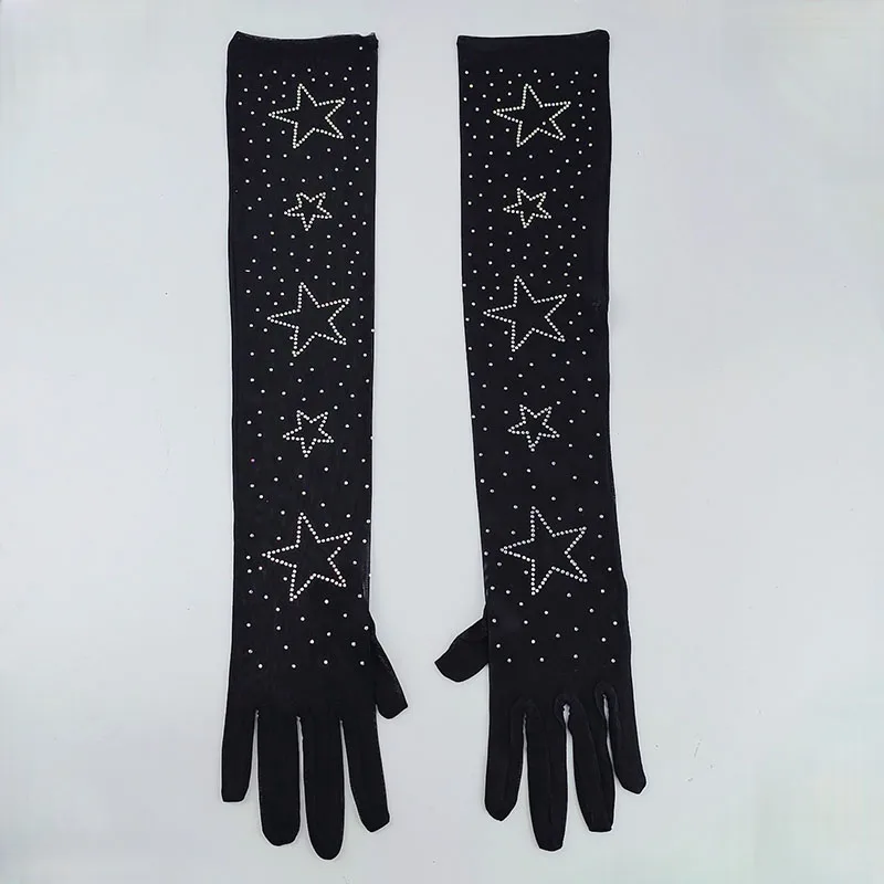55CM Long Thin Sexy Lace Sunscreen Black Mesh Star Shiny Rhinestone Gloves Cosplay Halloween Makeup Party Costumes Accessories
