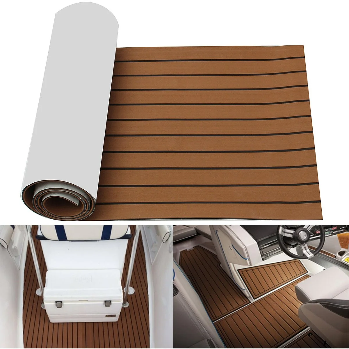 Self-Adhesive 2.4M Foam Teak Decking EVA Foam Marine Flooring Faux Boat Decking Sheet Accessories Marine Brown Black