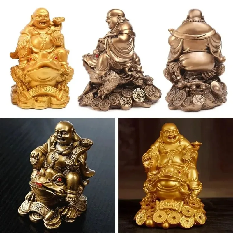 Feng Shui Resin Maitreya Buddha Statue Toad Figurine Money Fortune Wealth Chinese Golden Frog Home Office Lucky Gifts Tabletop