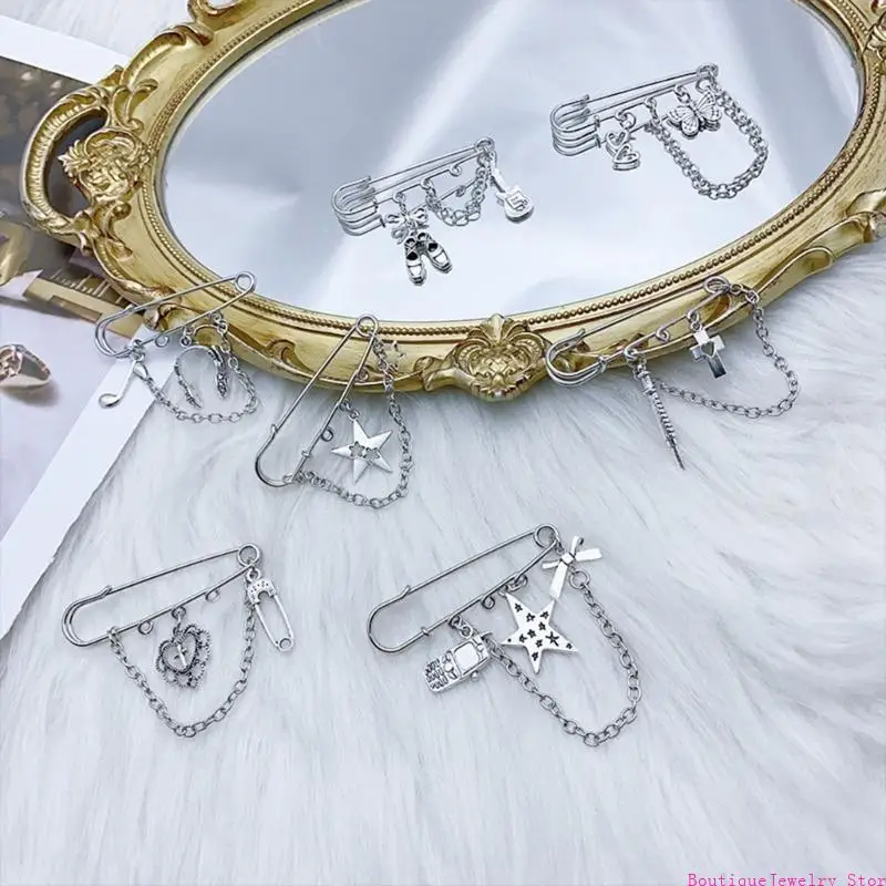 E1PE Creative Tassels Pendant Brooch Butterfly Chain Safety Pins for Women Girls Stylish Bag Handbag Ornament Jewelry