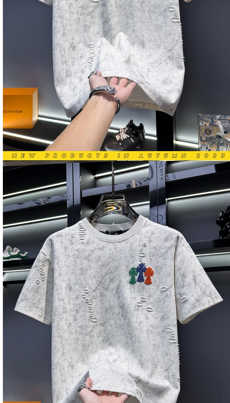 Men's American high-end ripped embroidery casual short-sleeved t-shirt 2025 new trendy brand loose half-sleeves