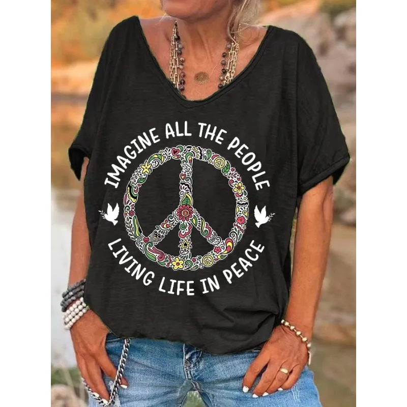 ilstile Women's Living Life in Peace Print T-Shirts Summer Beach Short Sleeve T Shirt Casual Loose V Neck Tops Tees New Arrival