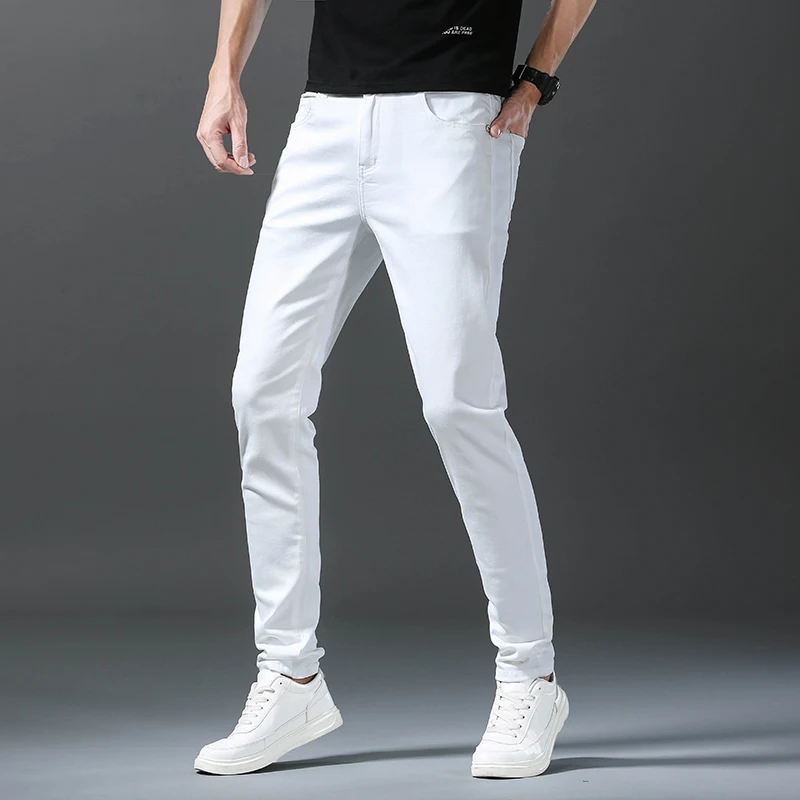 2024 Autumn New White Men\'s Jeans Straight Slim Solid Color Casual Denim Trousers Classic Male Brand Clothing Pants