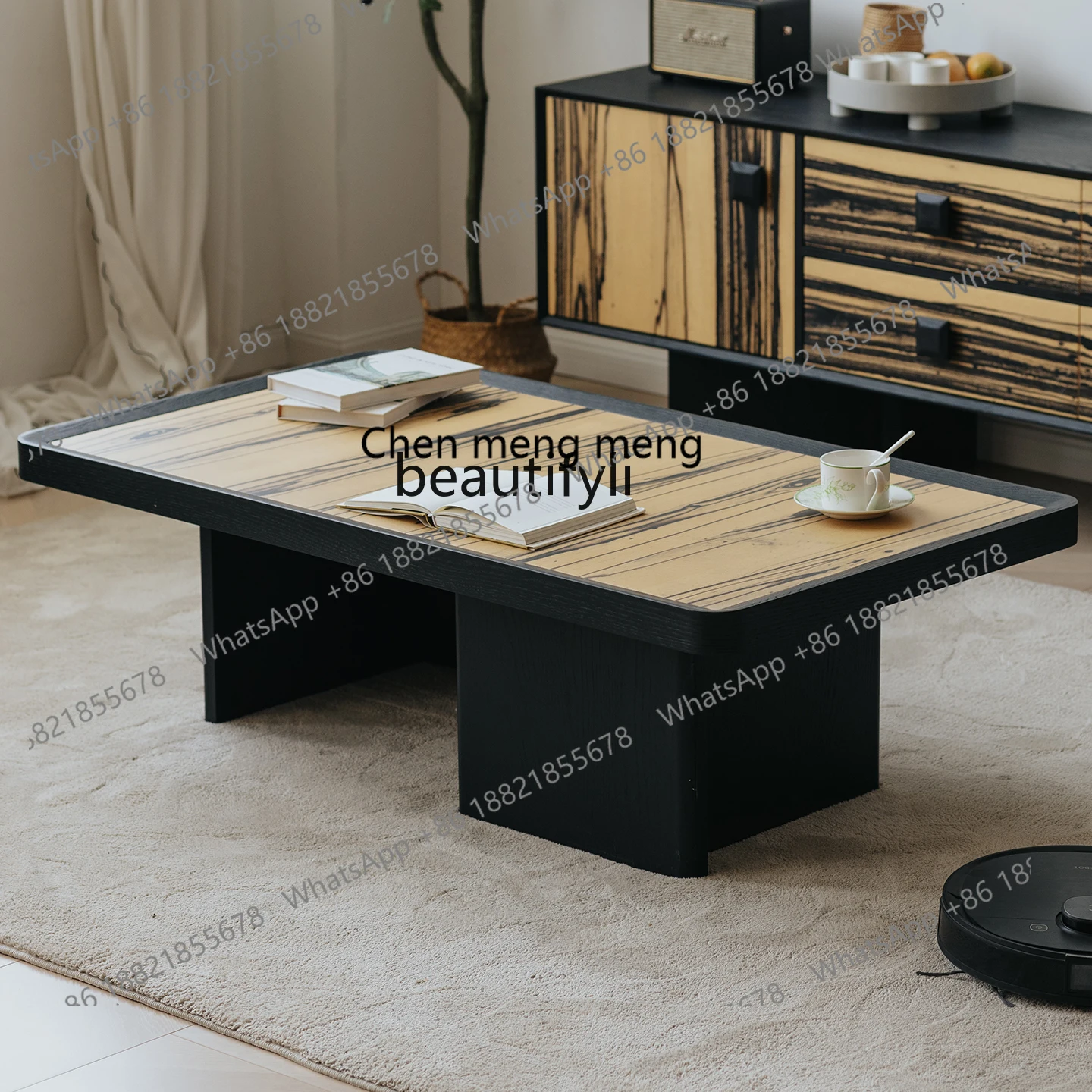 

E153 Wabi-Sabi Style Black and White Sandalwood Finish Decorative Small Apartment Living Room Low Table Small Coffee Table