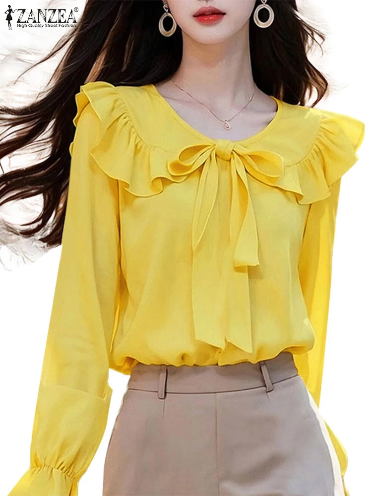 ZANZEA Office Work Blouses 2024 Spring Women Elegant Long Sleeve Shirt Fashion Lace Up Holiday Tops Casual O Neck Loose Blusas