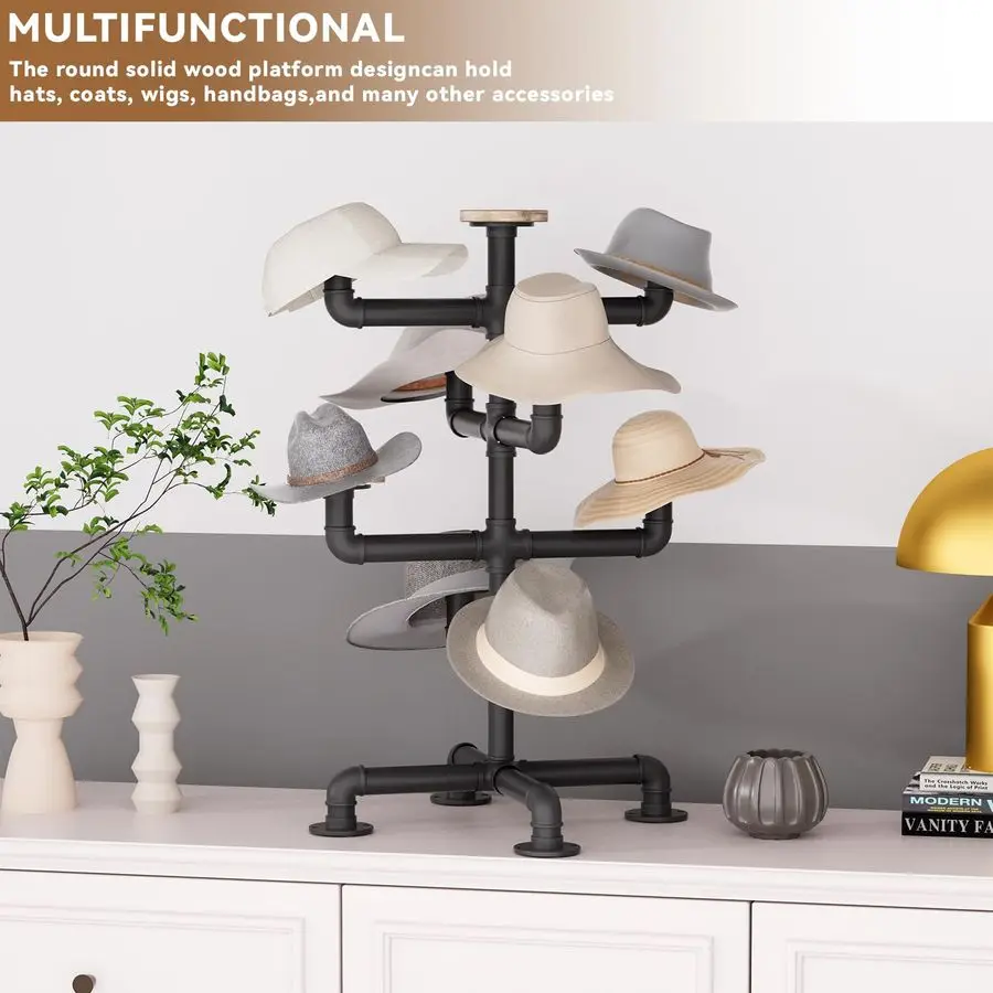 Hat Racks Heavy Duty Metal Pipe Hat Display 8 Rustic Solid Wood Hooks Free Standing Cap Organizer for Hats Wigs Headwear Tableto