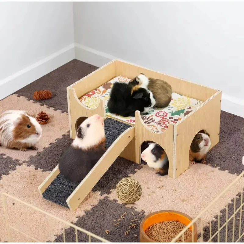 Large modern wooden guinea pig hideout, untreated wooden bedding with waterproof urine pad print pattern pet house