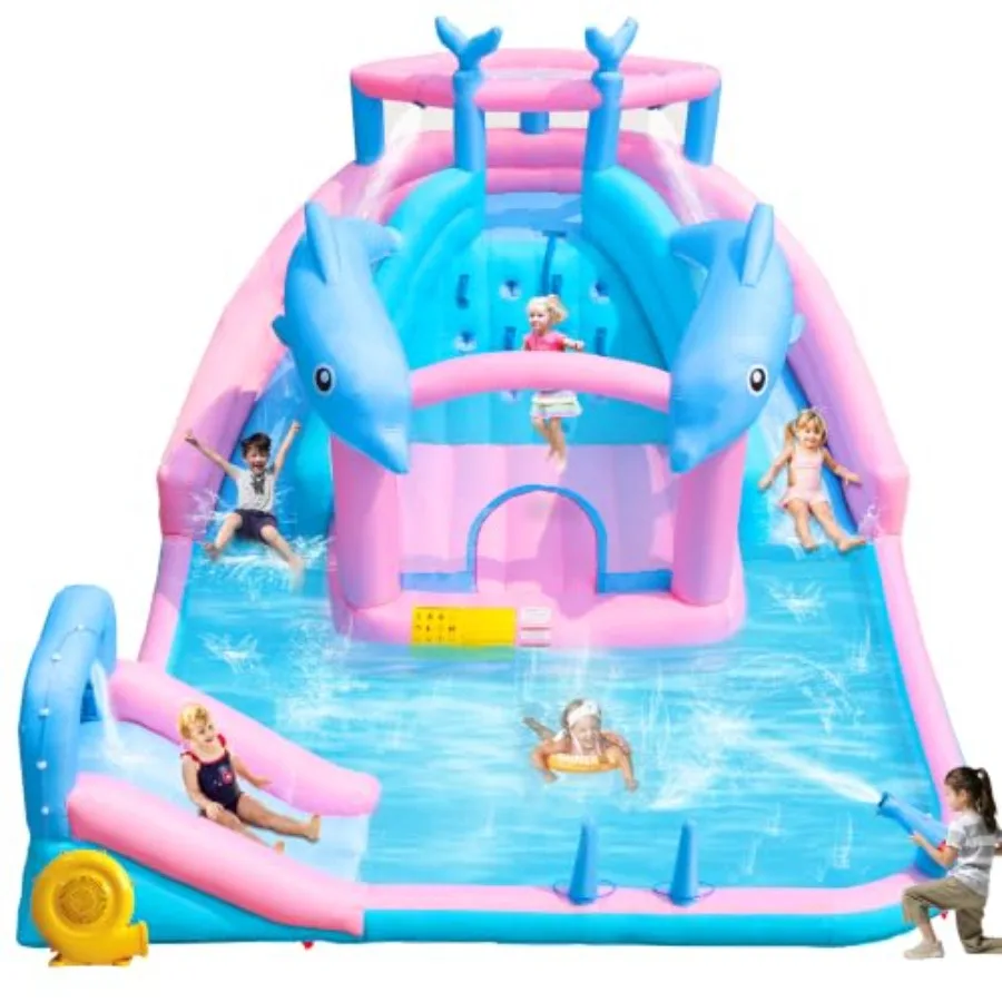 Backyard inflatable water slide for kids 3-12, PVC vinyl, blue and yellow, triple-slide with splash pool and bouncy castle, inc