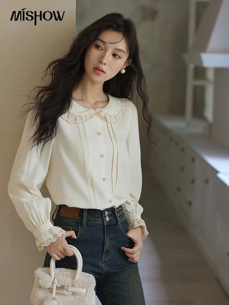 MISHOW French Corduroy Shirt Women 2024 Fall Winter New Design Senior Elegant Peter Pan Collar Long Sleeved Blouse MXD34X1669