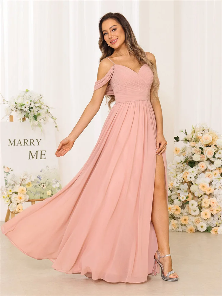 Hot Selling Off Shoulder Neckline Sleeveless Chiffon A-Line Bridesmaid Dress Floor Length Side Slit Gown For Wedding Guest 2024