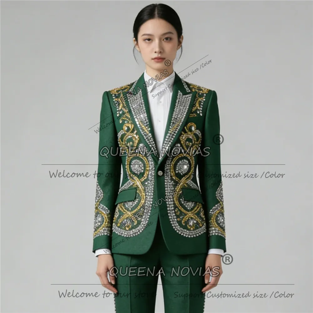 

Luxury Diamond Beaded Suits Women Slim Fit Single Breasted Jacket Pants 2 Piece Set Lady Tuxedos Customized Bride's Mother Dress
