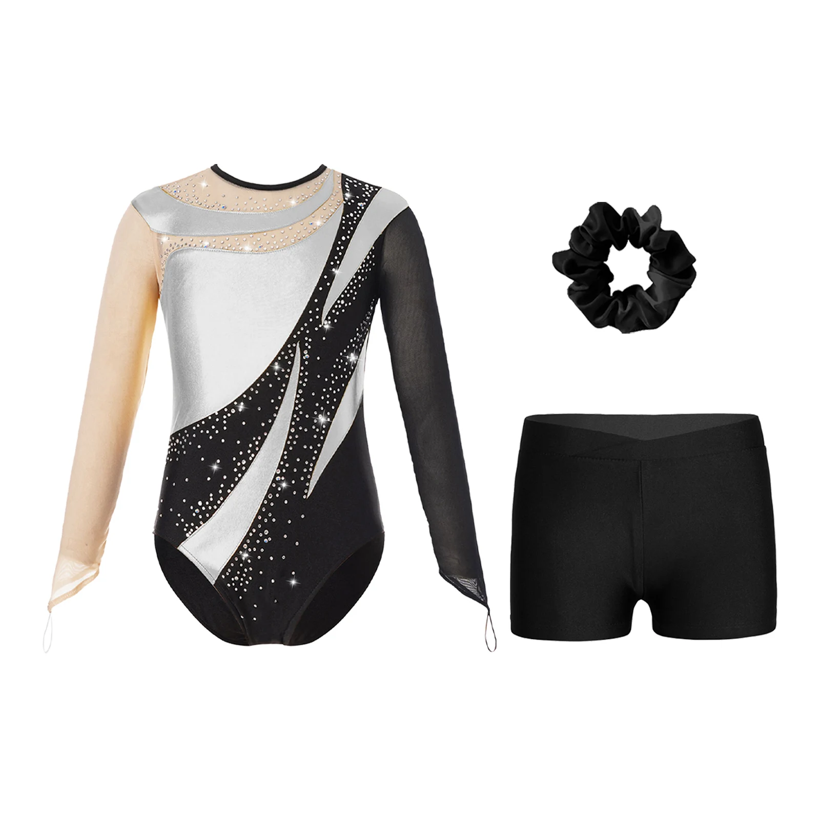 3Pcs Kids Girls Acrobatics Gymnastics Outfit Mock Neck Sleeveless Color Block Metallic Crop Top+Shorts+Long Sleeves Leotard Set