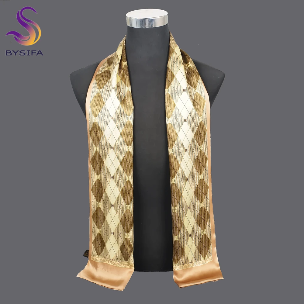 [BYSIFA] Male Silk Scarves Fall Winter 100% Silk Men Beige Khaki Long Scarf Accessories Spring Handsome Scarf Cravat160*26cm