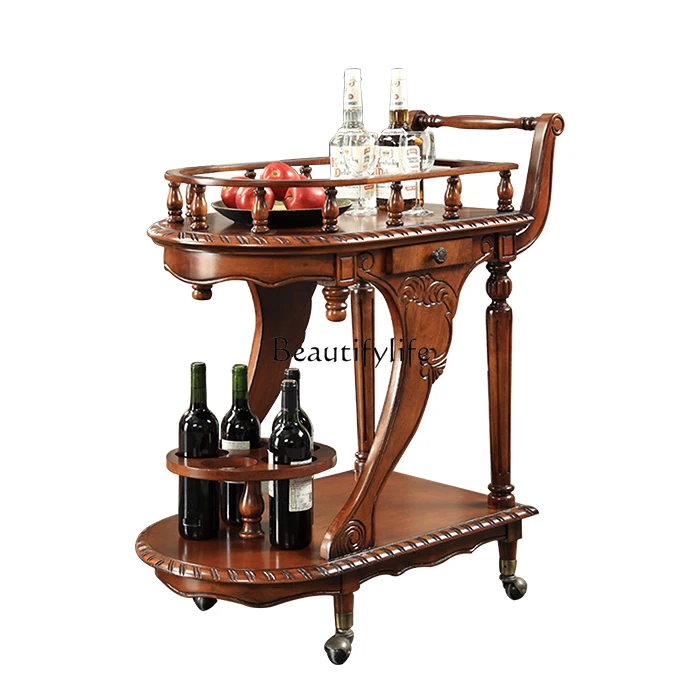 

European mobile solid wood dining car hotel villa American multi-functional wine cart
