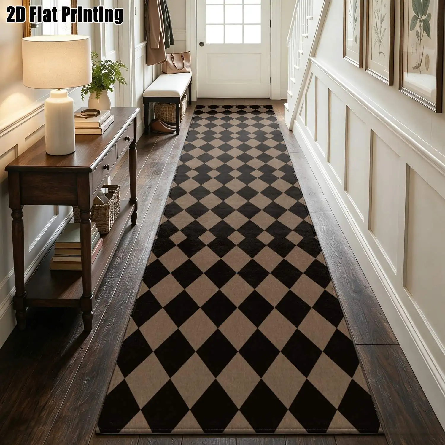 1Pc 2D Printed Brown-Black Geometric Diamond Nordic/Modern Minimalist/European Style Strip Runner Carpet, Multi-Size, Machine Washable, Ideal for Entryway, Living Room, Bedroom, Kitchen Home Decor