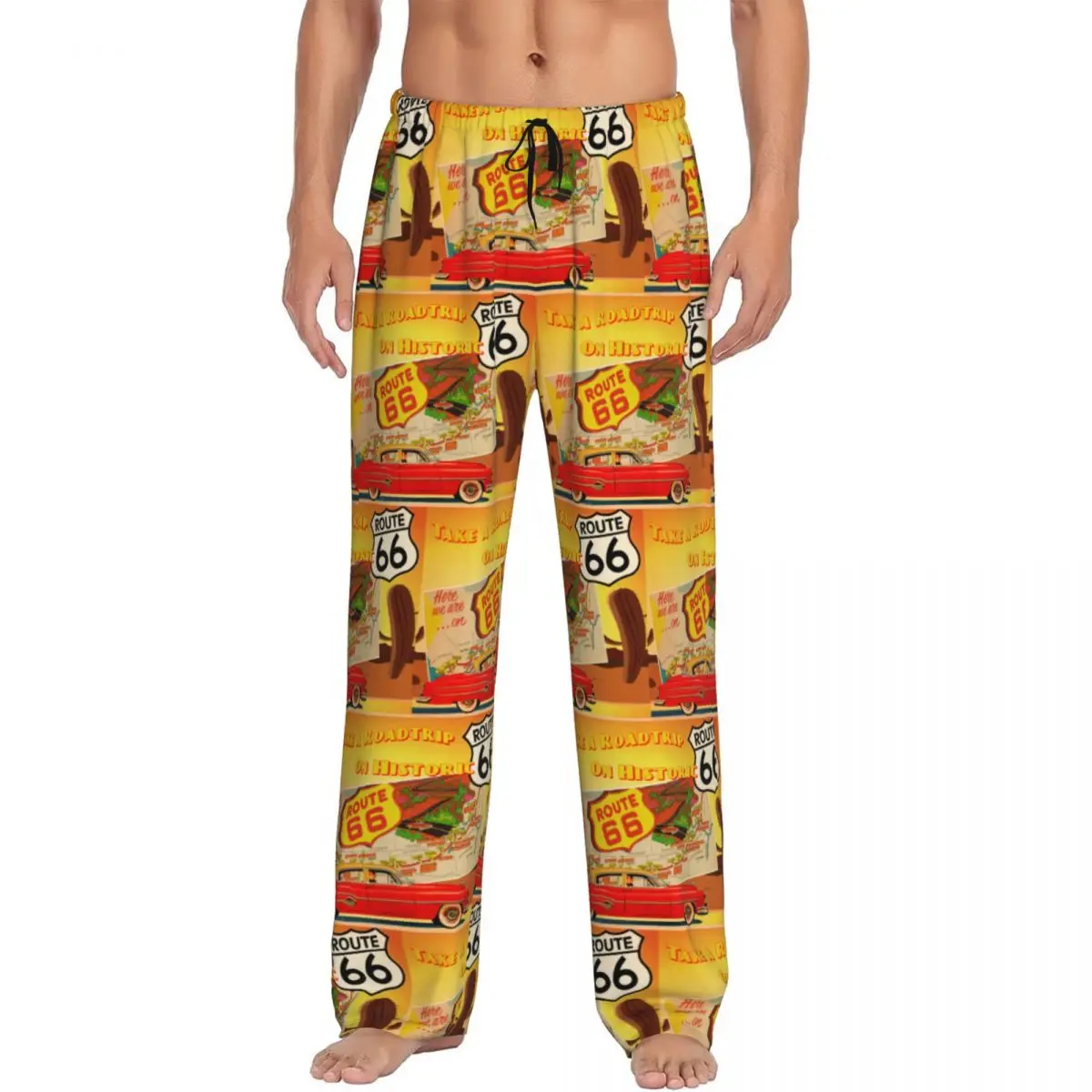 

Custom Vintage USA America Highway Route 66 Pajama Pants Men's Lounge Sleep Stretch Sleepwear Bottoms with Pockets