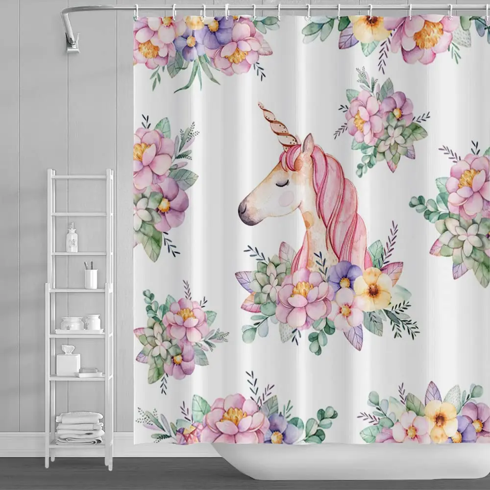 Unicorn Shower Curtain Kids Girls Funny Fairy Cartoon Fantasy Colorful Baby Animal Rainbow Bathroom Home Decor Fabric Waterproof