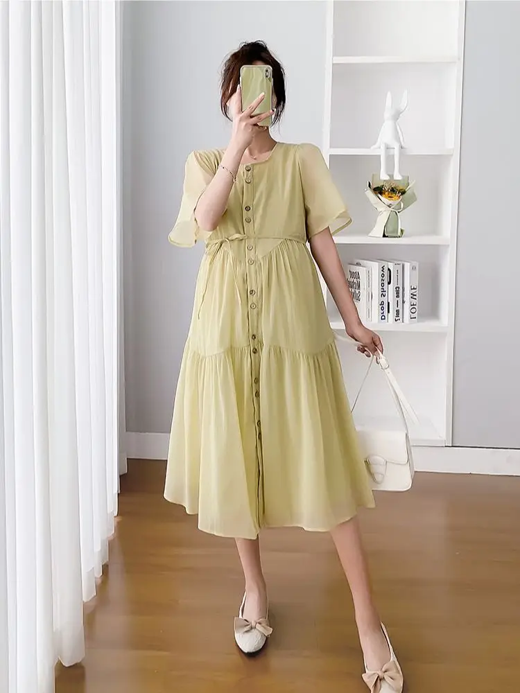 Sweet Maternity Summer Dress Short Sleeve Single-breasted Pregnant Woman Chiffon Dress With Belt Double Layers Pregnancy Dress