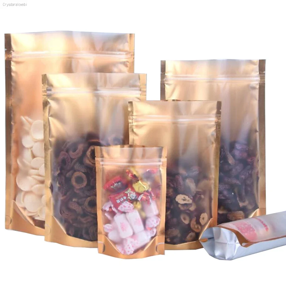 100Pcs Stand Up Clear Front Gold Aluminum Foil Zip Lock Storage Bag Tear Notch Plastic Mylar Food Snack Storage Pouches