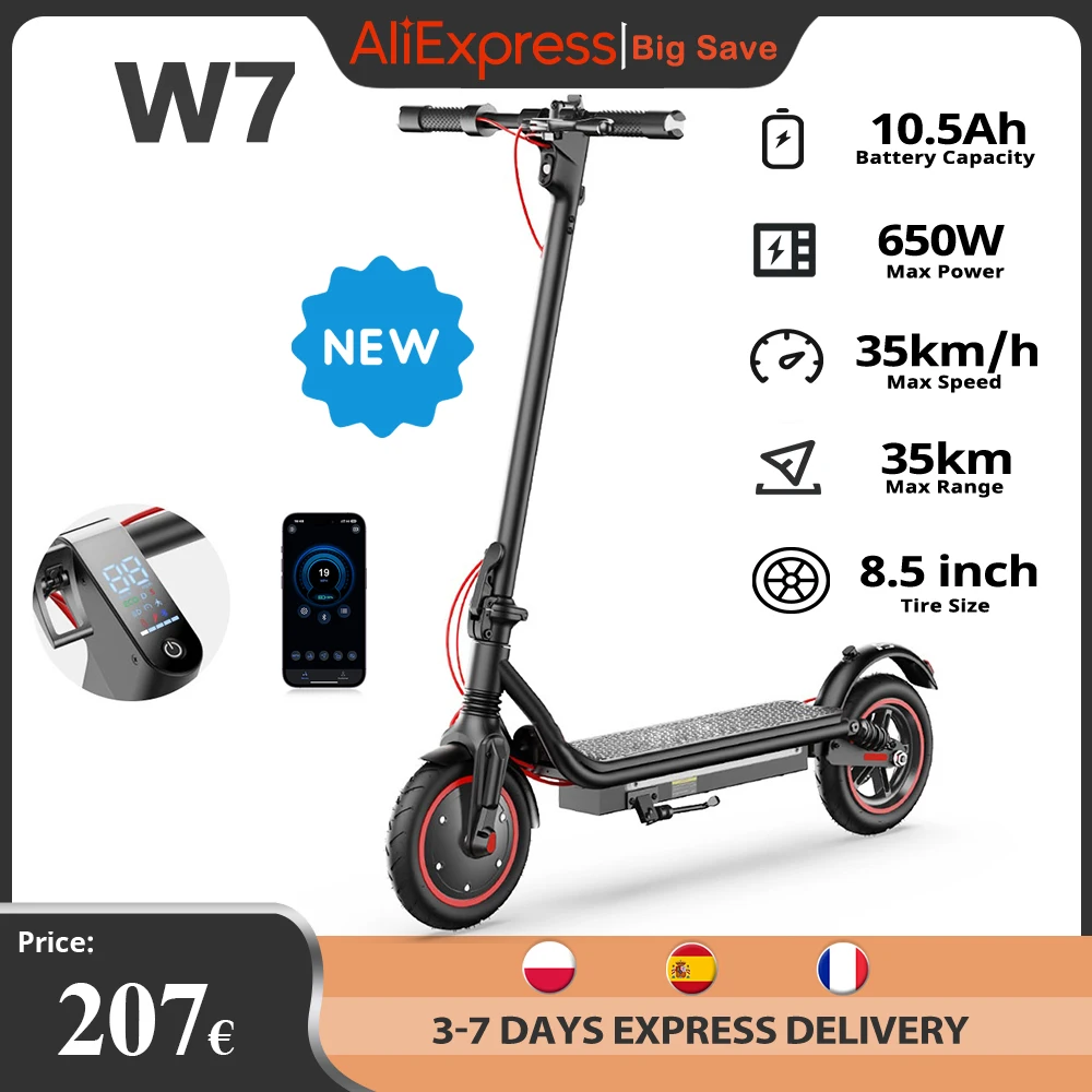 Nuevo Scooter Eléctrico W7 8,5 pulgadas 36V 10.5Ah batería 650W Motor 27-37km rango 4 modos de velocidad 35 KM/H patinetes eléctricos plegables