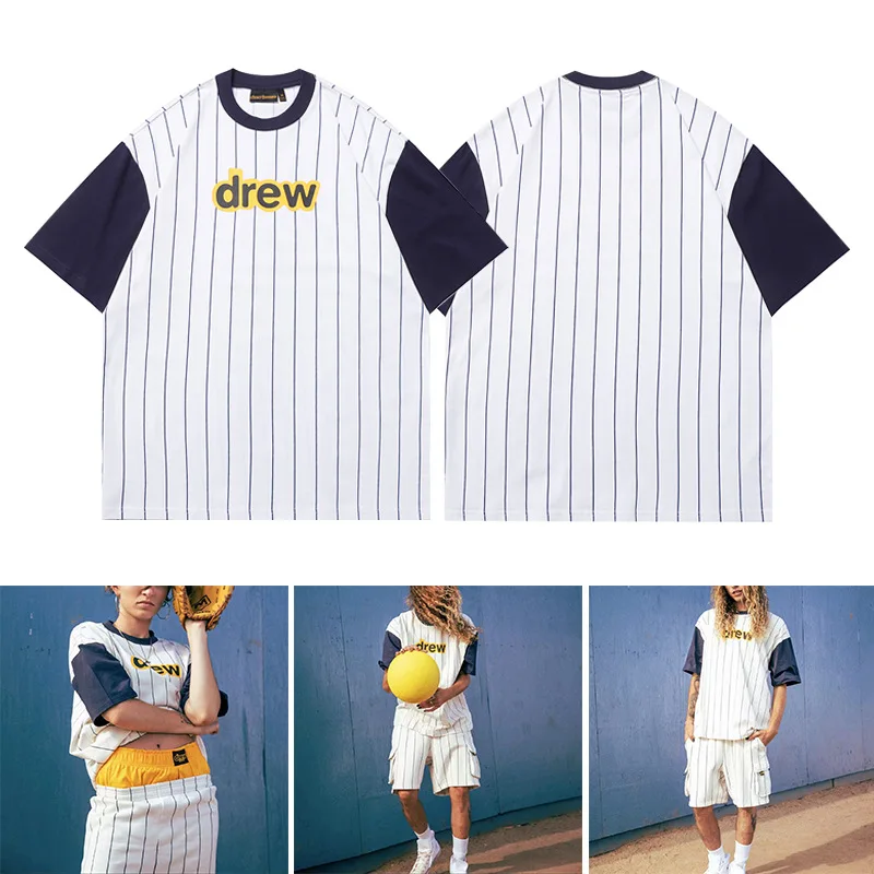 

Drew House Premium Quality Letter Stripe Color-Blocked Short-Sleeve Women's High-Street 25SS New Arrival Crew Neck T-Shirt