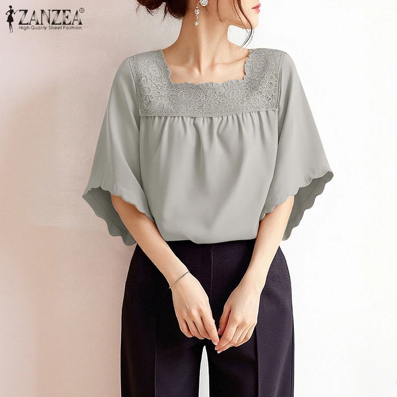 

2025 ZANZEA Women Fashion Elegant Lace Blouse Office Lady Square Collar Casual Tops Tunic Half Sleeve Summer Shirts Korean Blusa