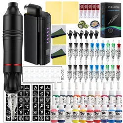 Kit de pistola de tatuaje inalámbrica profesional, Mini fuente de alimentación, batería, máquina rotativa, juego de bolígrafos con cartucho, agujas, juego de tatuaje para principiantes