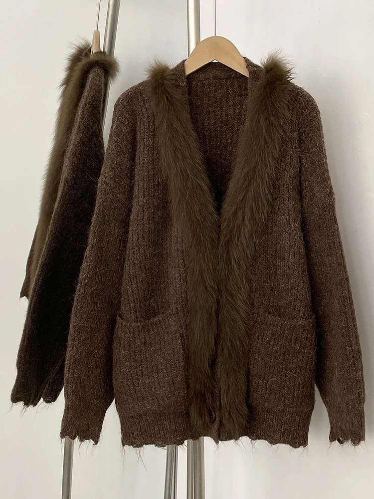 المرأة محبوك سترة طويلة الأكمام معطف جديد ربيع الخريف الحياكة الملابس الإناث موضة ريال فوكس الفراء سترة سترة #2