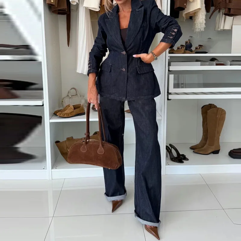 

Elegant Commuting Cowboy Blazer Outfits Fashion Lapel Button Coats & Long Pant Suits Women's Casual Long Sleeve Solid 2Pc Sets