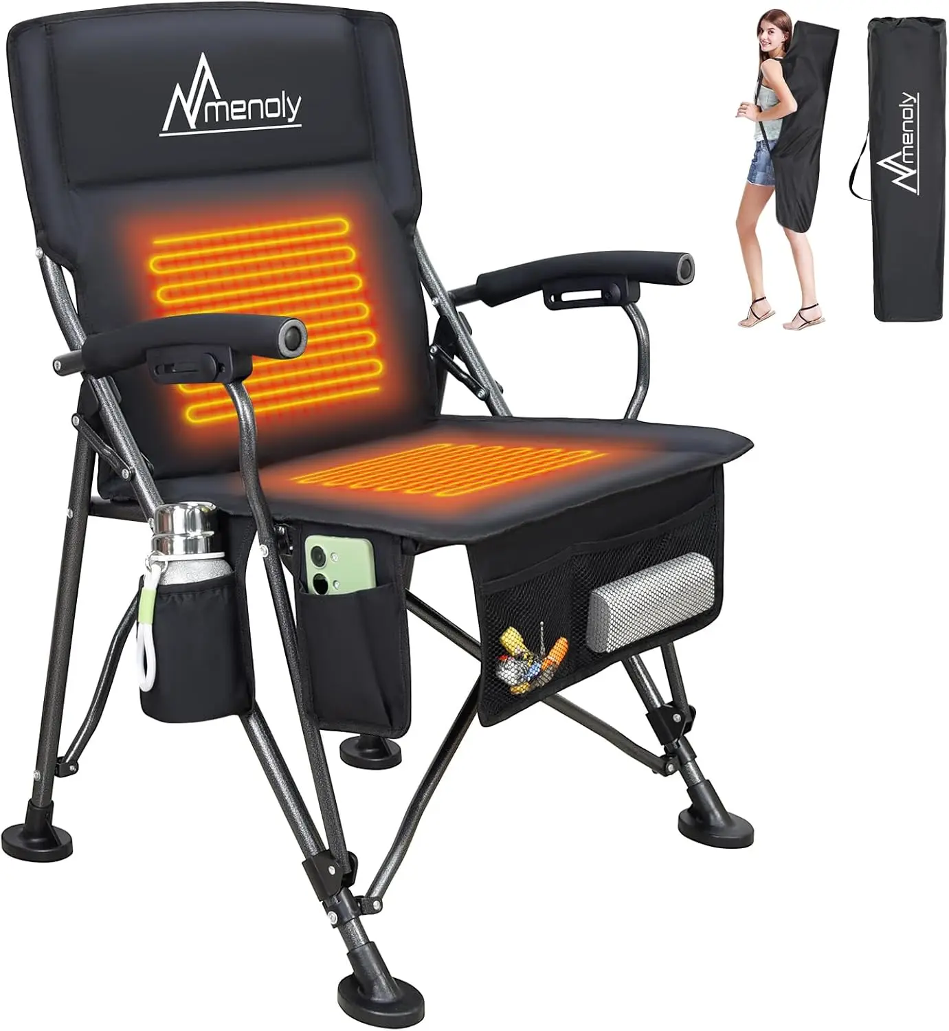 Heated Camping , Portable Folding Chair, Heated Seat and Back Chair with Cup Holder, 4 Large Pockets for Outd