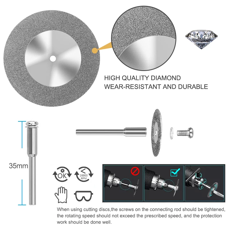 Mini disco de corte de diamante de 16-60mm con mandril, discos de diamante abrasivos para hojas de sierra de diamante Dremel, 1 ud.