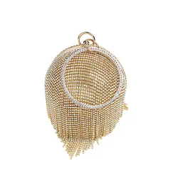 Gold Shiny Handbag Diamond Dinner Bag Tassel Rhinestone Round Evening Bag Banquet Handbag Clutch Purse