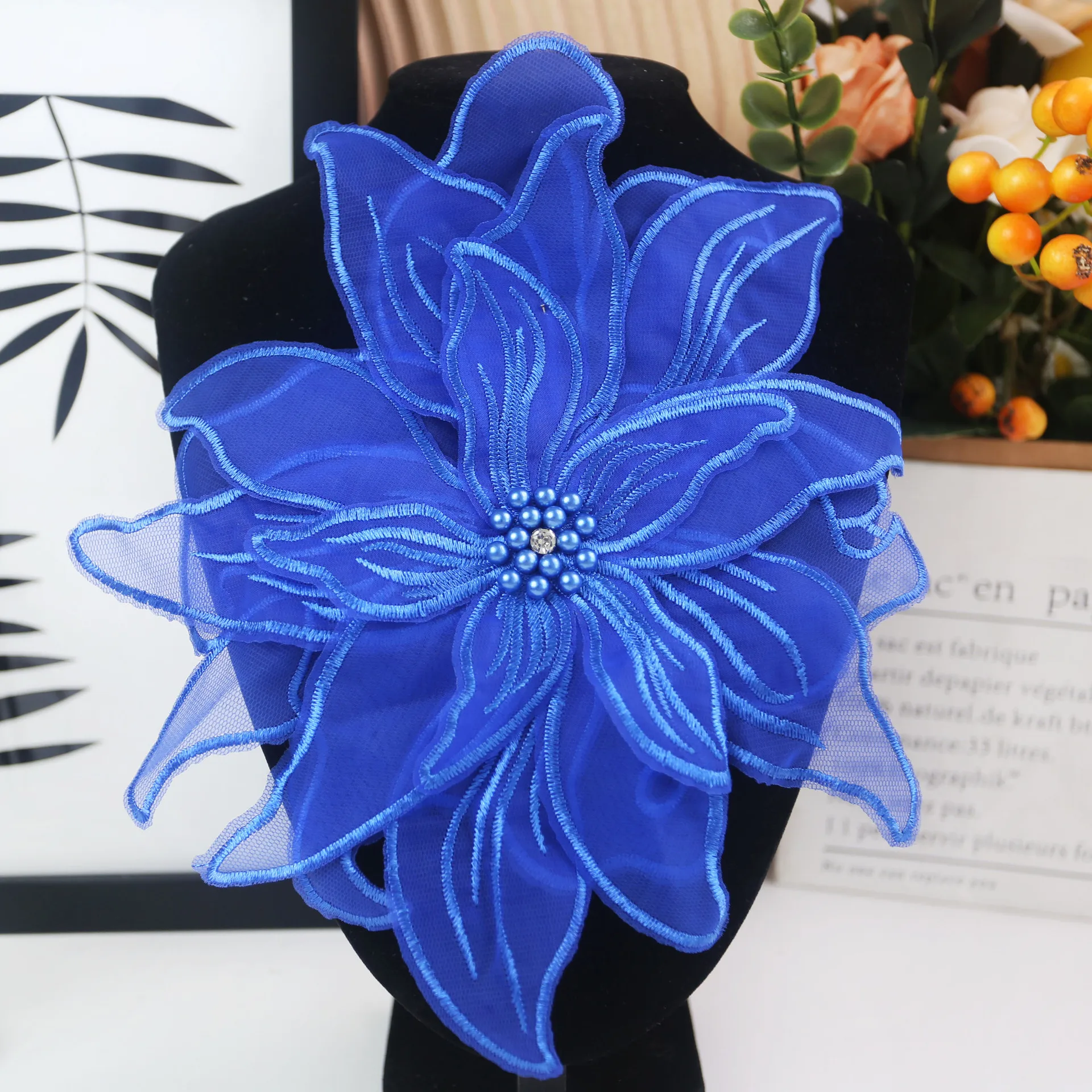 Embroidered diamond beaded collar patch 3D flower embroidery wedding dress