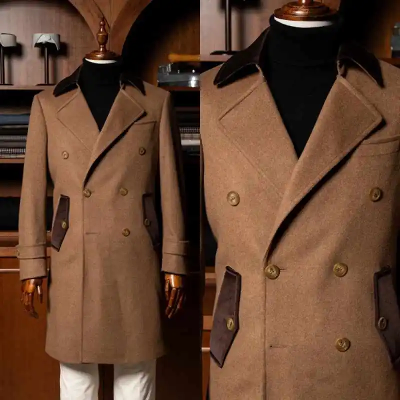 

Vintage Long Coat For Men Double Breasted Wool Blend Jacket Blazers Autumn Winter One Piece Customized Outwear