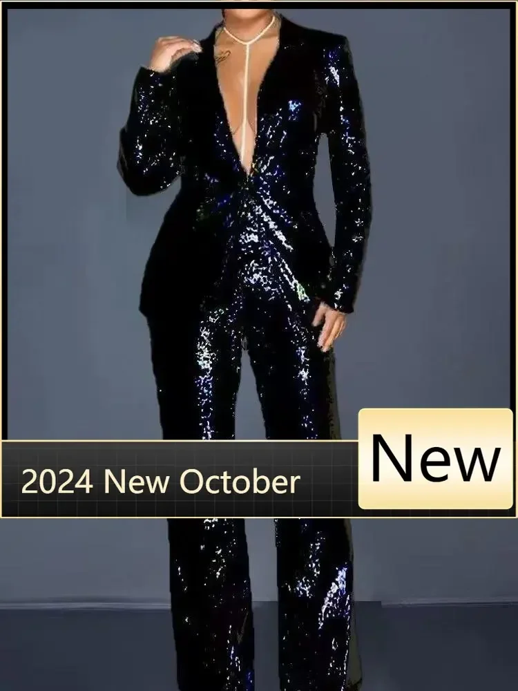 New Glitter Sequins Blazer Suits Women's 2-Piece Set Autumn Notch Lapel Slim Fit Blazer Jackets and Straight Pant Sets 투피스