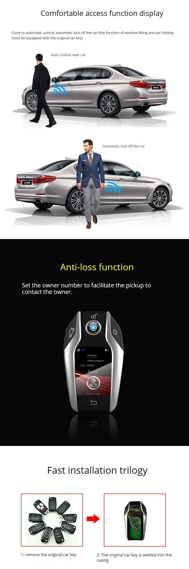 

Горячая распродажа 2025 года. Модифицированный бутик-умный дистанционный автомобильный ключ с ЖК-экраном. Подходит для всех оригинальных автомобилей с функцией запуска одной кнопкой.