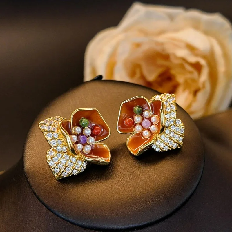 

Orange Yellow Enamel 3D Flowers Cubic Zircon Leaves Mixed Colored Round Bead Earrings for Women Retro Fashion Temperament Access